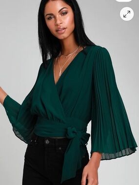 Elegant Pleated Wrap Blouse in forest green